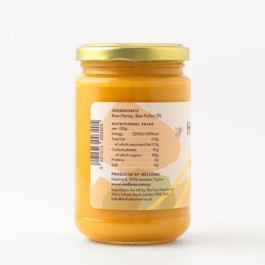 Mellona Raw Honey with Bee Pollen jar displaying ingredients and nutritional value.