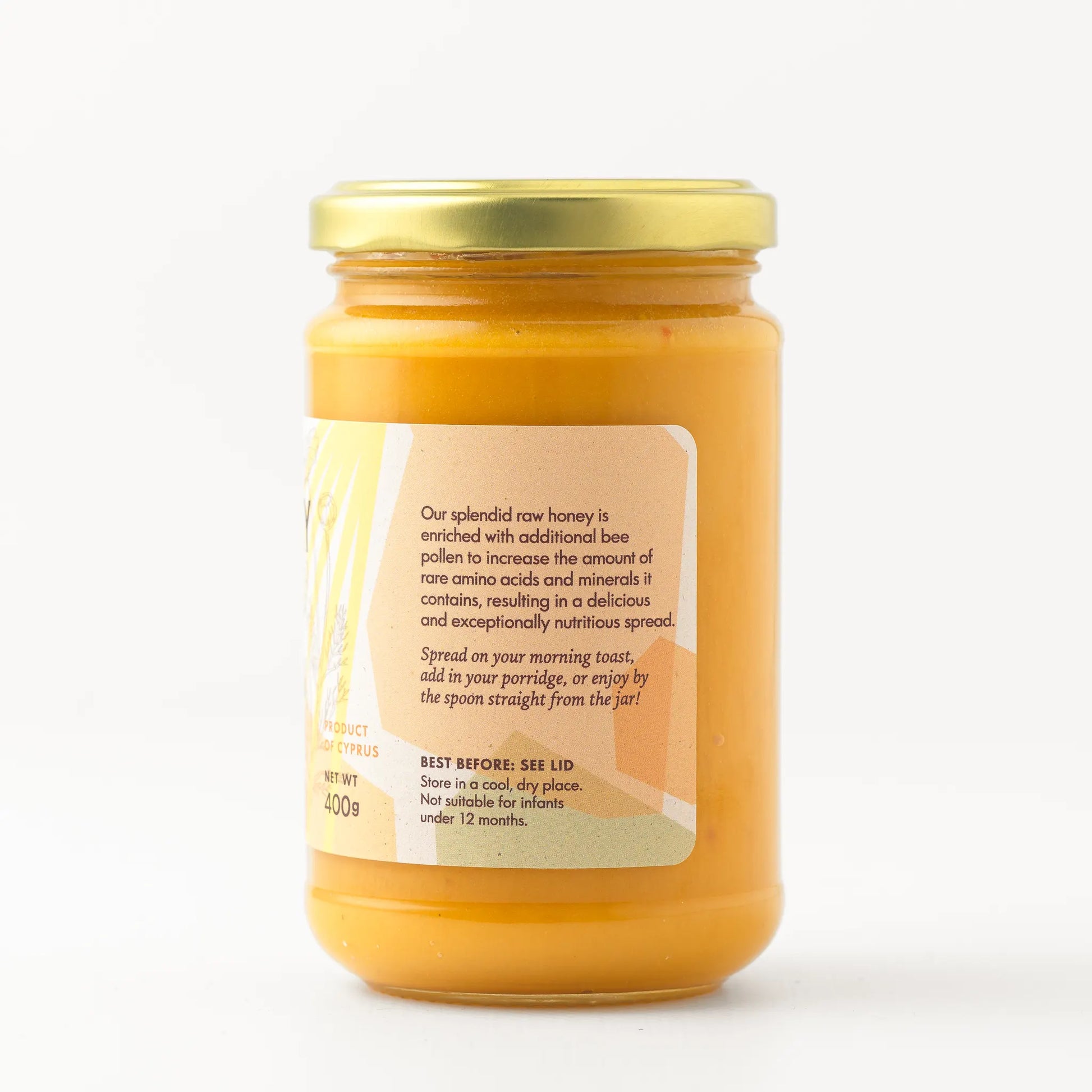 Mellona Raw Honey with Bee Pollen in a jar, enriched with bee pollen powder for added nutrition.