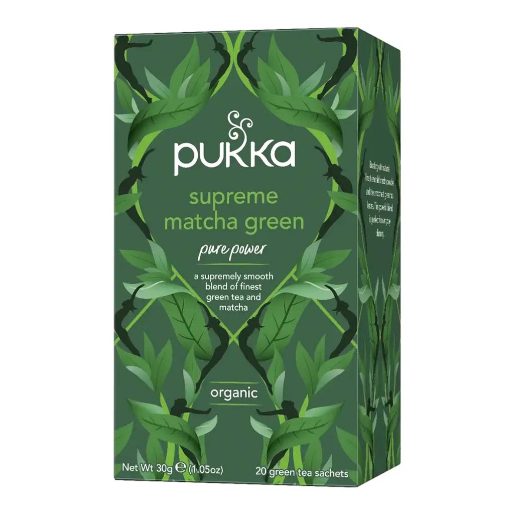 Pukka Tea Supreme Matcha Green box design featuring lush green tea leaves and organic green tea sachets.