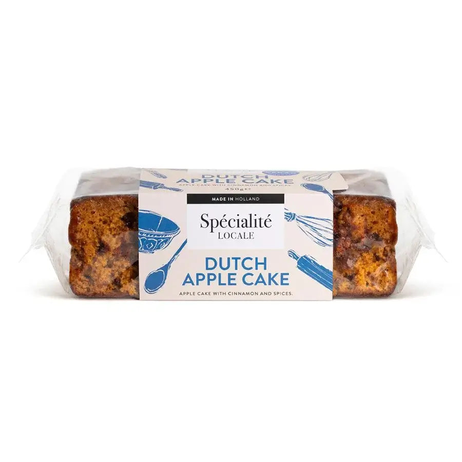A packaged loaf of Dutch Apple Cake from Spécialité Locale, wrapped in clear plastic with a white and blue paper label, shown on a plain white background.