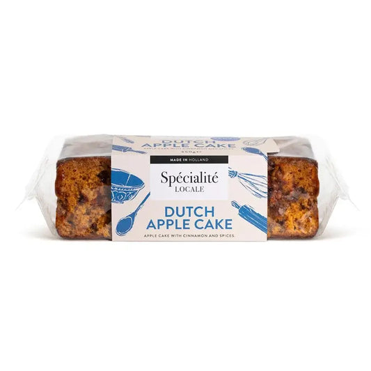 A packaged loaf of Dutch Apple Cake from Spécialité Locale, wrapped in clear plastic with a white and blue paper label, shown on a plain white background.