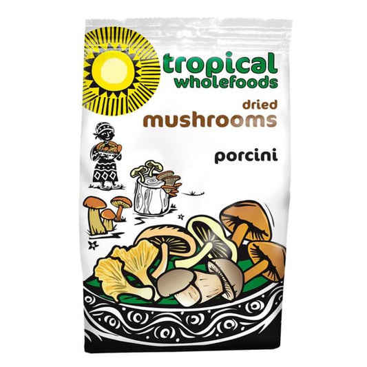 Tropical Wholefoods Porcini Mushrooms dried mushrooms packaging with various mushroom illustrations.