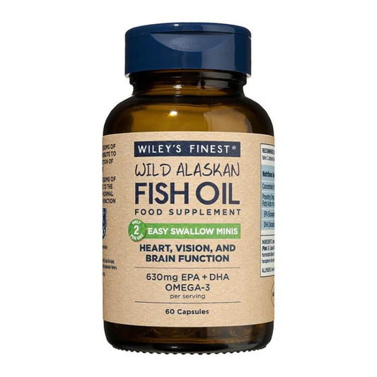 Wiley's Finest Fish Oil Easy Swallow Softgels bottle with 630mg EPA+DHA for heart, vision, and brain health.