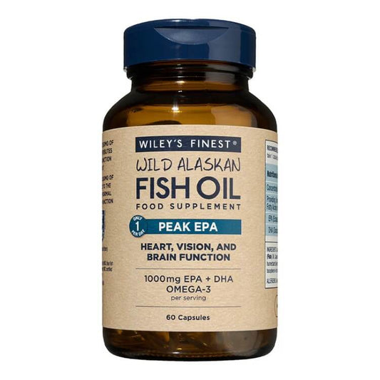 Wiley's Finest Fish Oil Peak EPA Softgels bottle showing 1000mg EPA + DHA Omega-3 for heart, vision, and brain function.