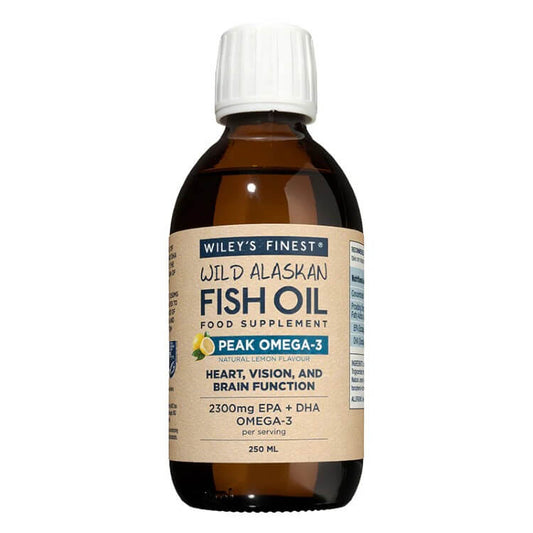 Wiley's Finest Peak Omega-3 Liquid Lemon fish oil bottle with lemon flavor, providing 2300mg EPA+DHA per serving.