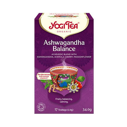 Yogi Tea - Ashwagandha Balance packaging featuring tea bags with ashwagandha, acerola cherry, and passionflower.