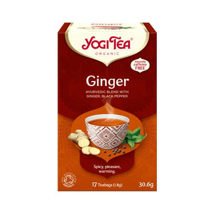 Yogi Tea - Ginger package showcasing Ayurvedic blend with ginger, black pepper, and tea bags.