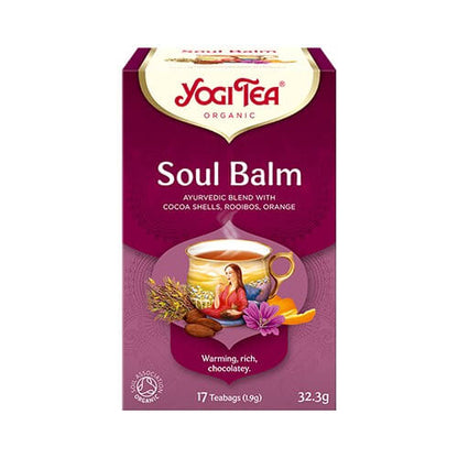 Yogi Tea - Soul Balm box featuring cocoa shells, rooibos, and orange, promoting warmth and comfort.