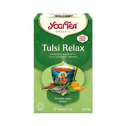 Yogi Tea - Tulsi Relax organic tea box featuring Ayurvedic blend with tulsi, liquorice, and orange.