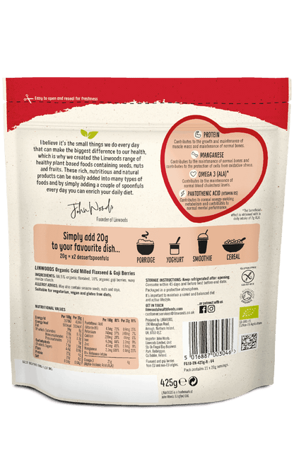 Linwoods Flaxseed & Goji Berries back of pack, ingredients and nutrition