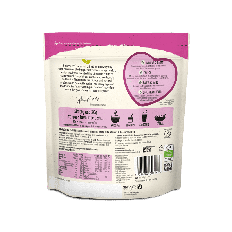 Linwoods Flaxseeds, Nuts & Co-Enzyme Q10 back of pack, ingredients and nutrition