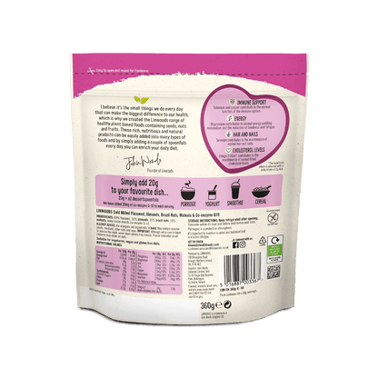 Linwoods Flaxseeds, Nuts & Co-Enzyme Q10 back of pack, ingredients and nutrition