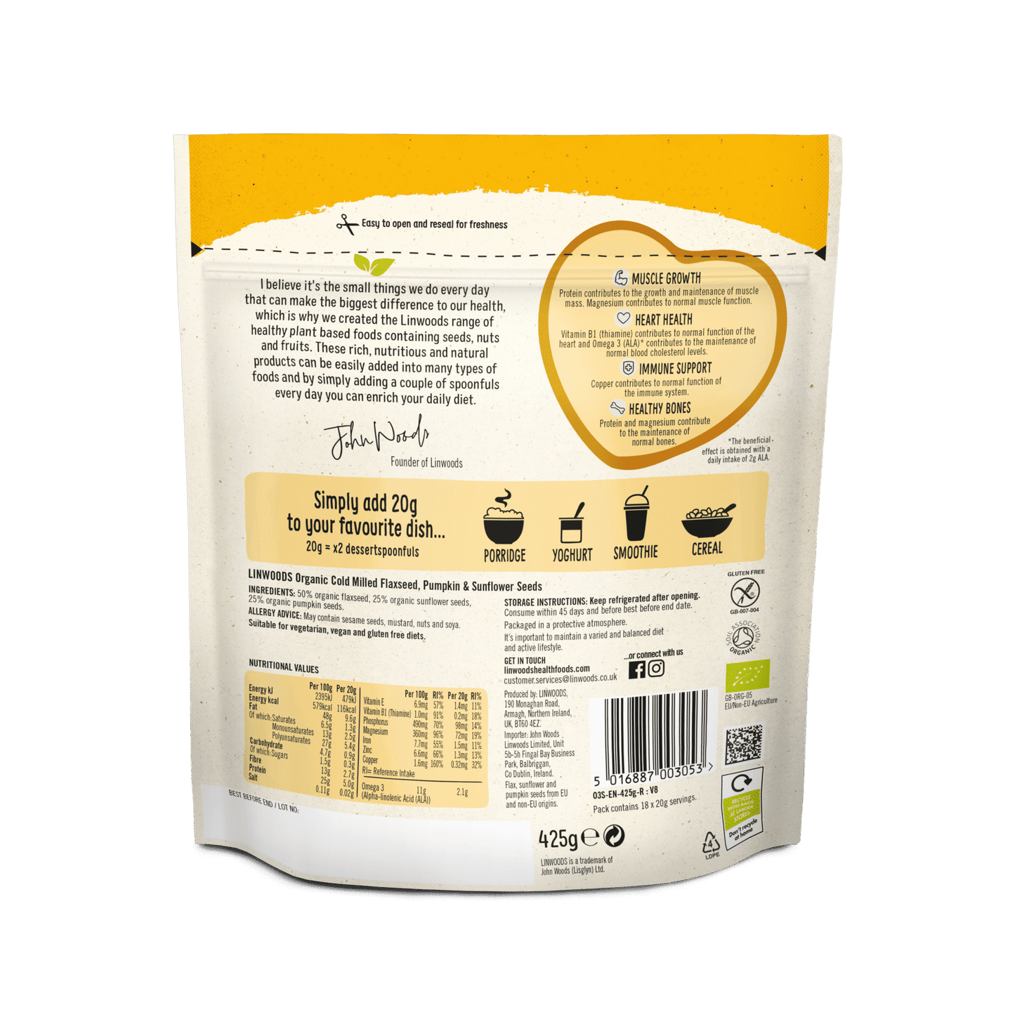 Linwoods Flaxseed, Pumpkin & Sunflower Seeds back of pack, ingredients and nutrition