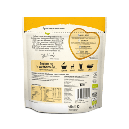 Linwoods Flaxseed, Pumpkin & Sunflower Seeds back of pack, ingredients and nutrition