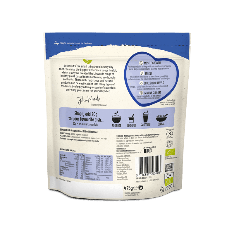 Linwoods Milled Flaxseed back of pack, ingredients and nutrition