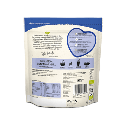 Linwoods Milled Flaxseed back of pack, ingredients and nutrition