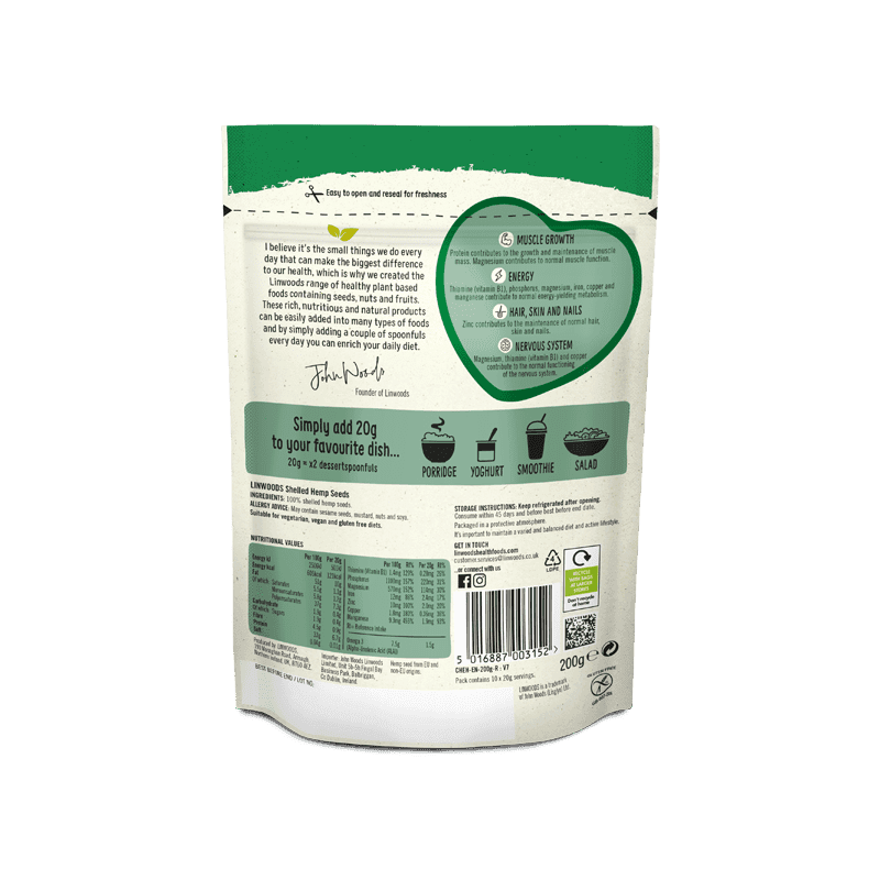 Linwoods Shelled Hemp Seeds back of pack, ingredients and nutrition