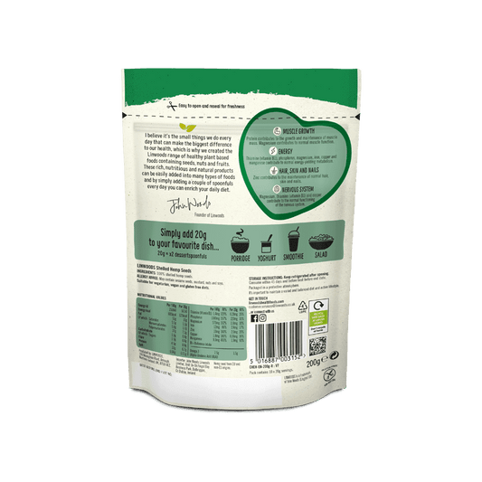 Linwoods Shelled Hemp Seeds back of pack, ingredients and nutrition