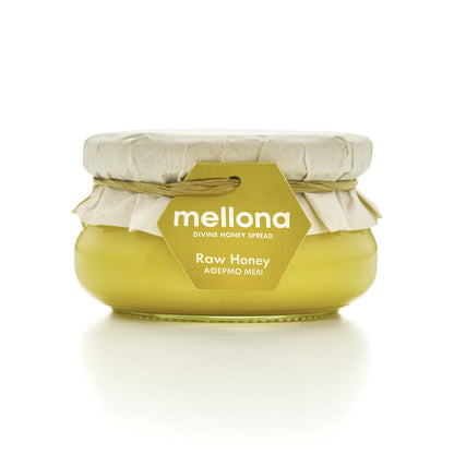 Mellona Raw Honey 230g jar showcasing pure raw flower honey in a stylish glass container.
