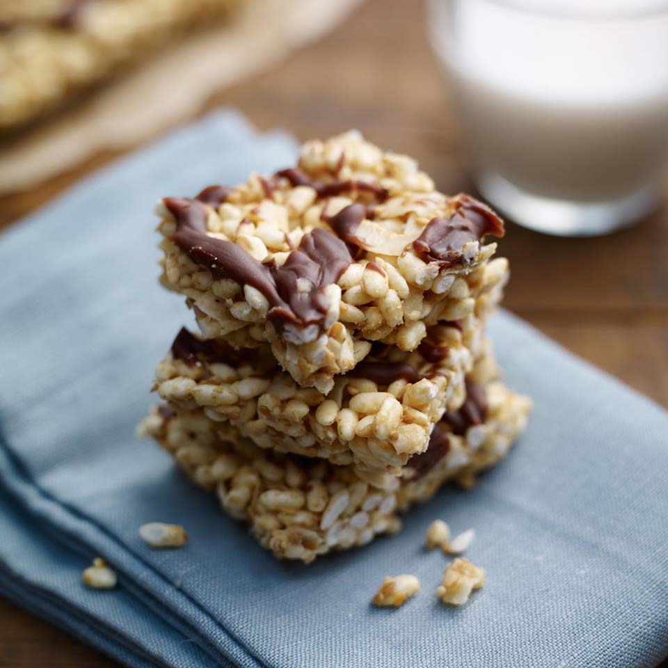Cashew coconut and chocolate crispy squares made with Meridian barley malt extract
