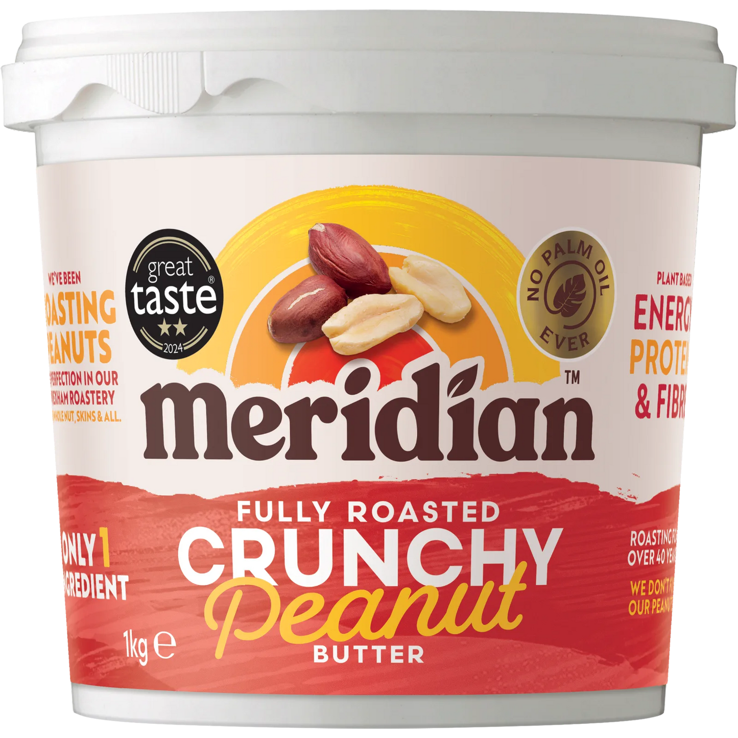 Meridian Crunchy No Salt Peanut Butter 1kg front of jar