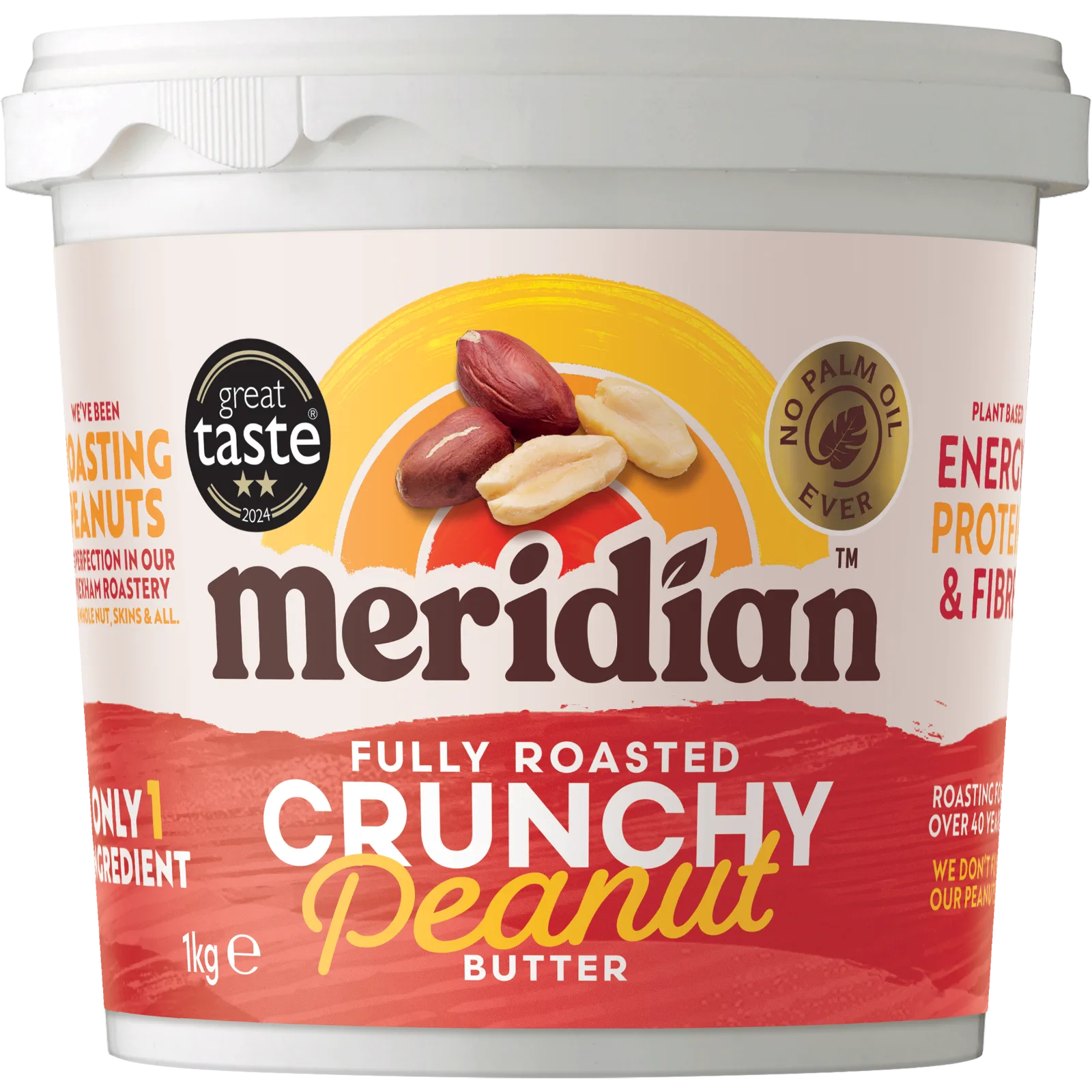 Meridian Crunchy No Salt Peanut Butter 1kg front of jar