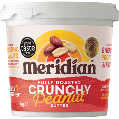 Meridian Crunchy No Salt Peanut Butter 1kg front of jar