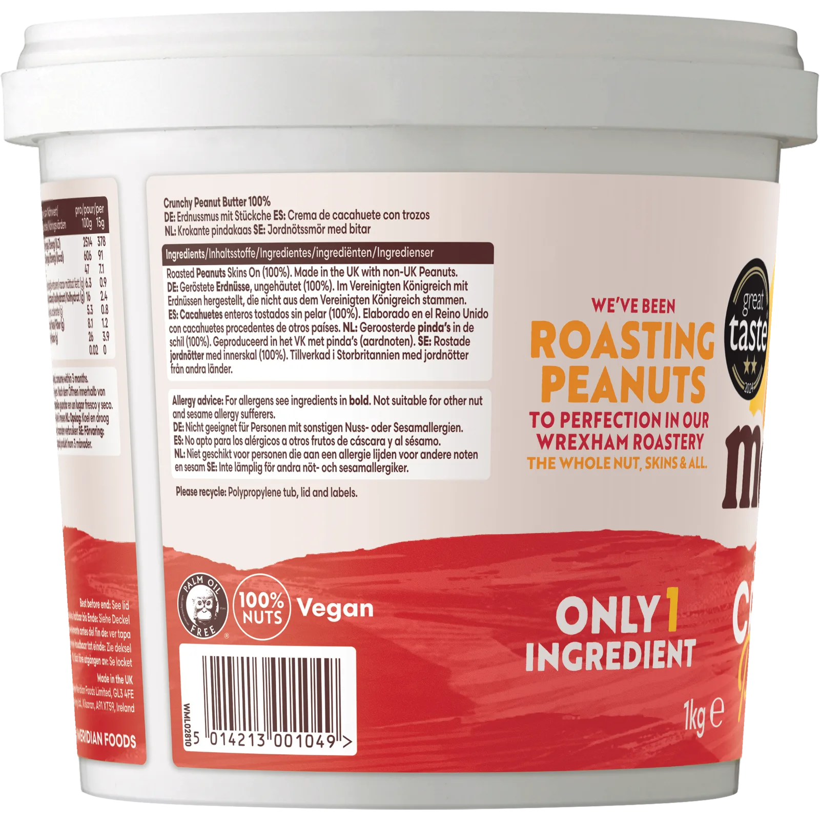 Meridian Crunchy No Salt Peanut Butter 1kg ingredients label