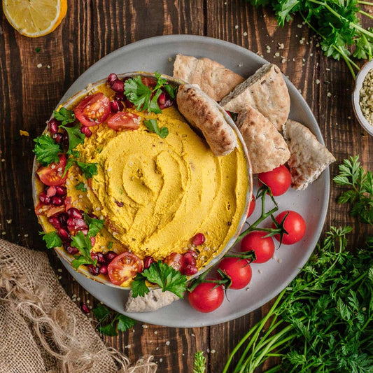 Roasted carrot hummus made with Meridian light tahini