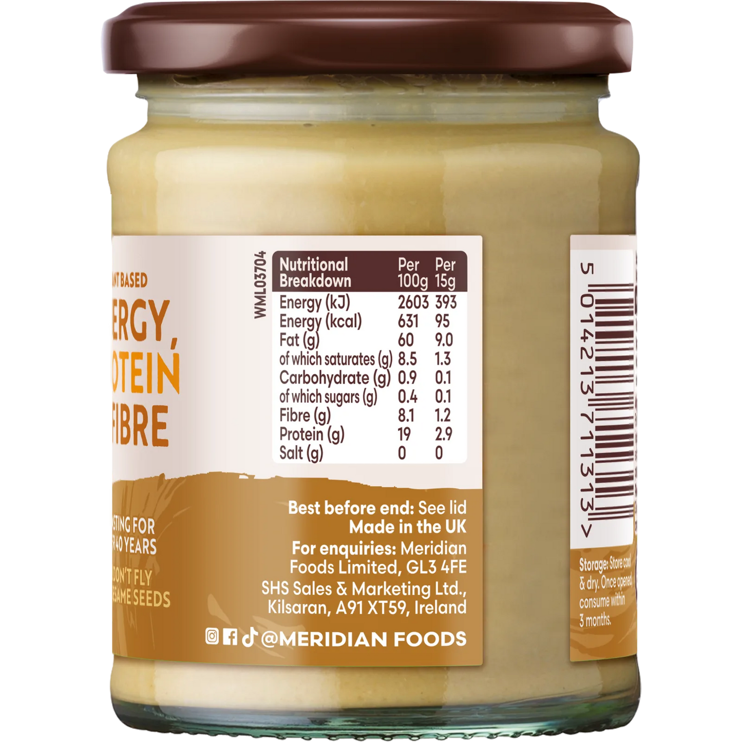 Meridian Light Tahini 270g nutrition label