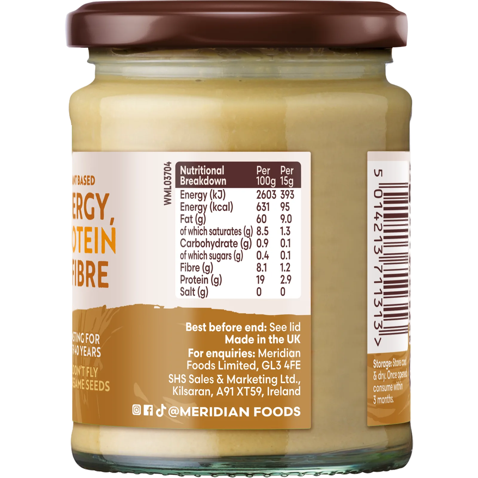 Meridian Light Tahini 270g nutrition label