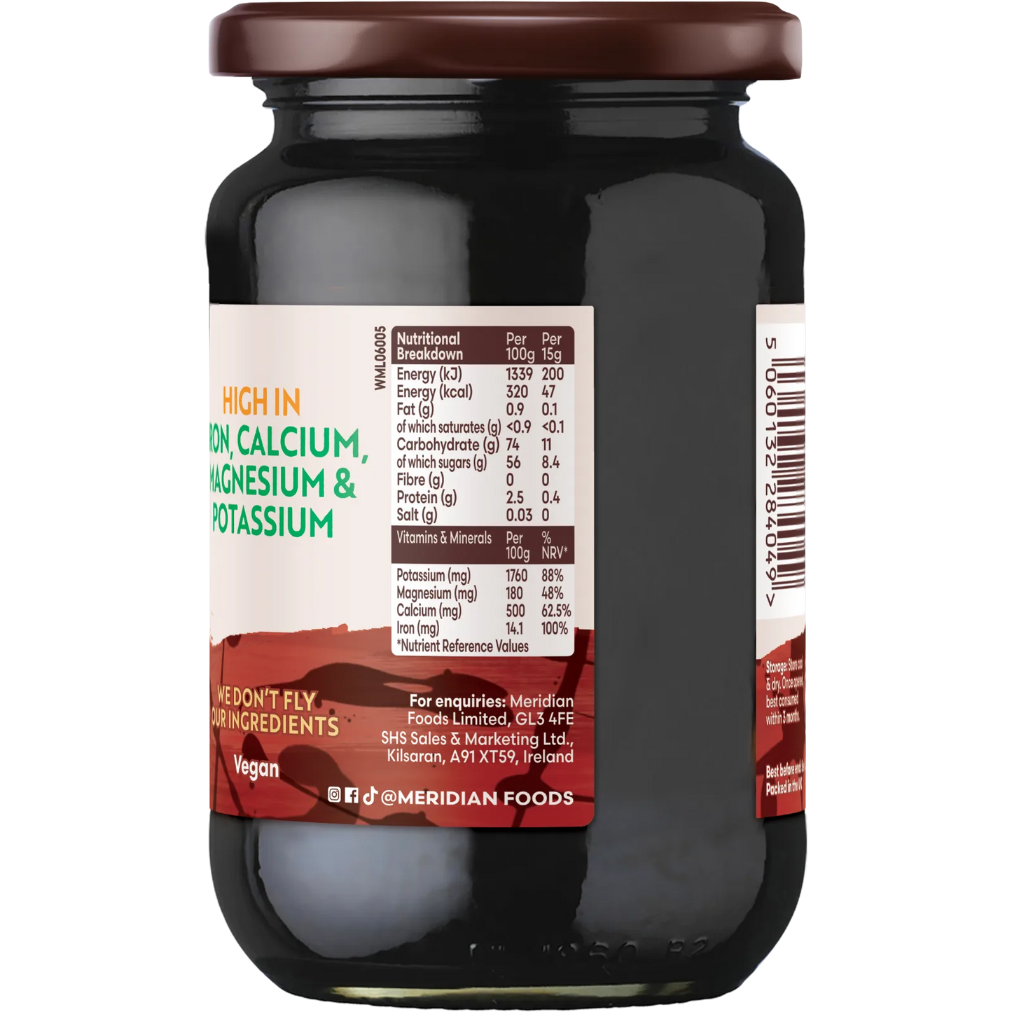 Meridian Organic Blackstrap Molasses nutrition label