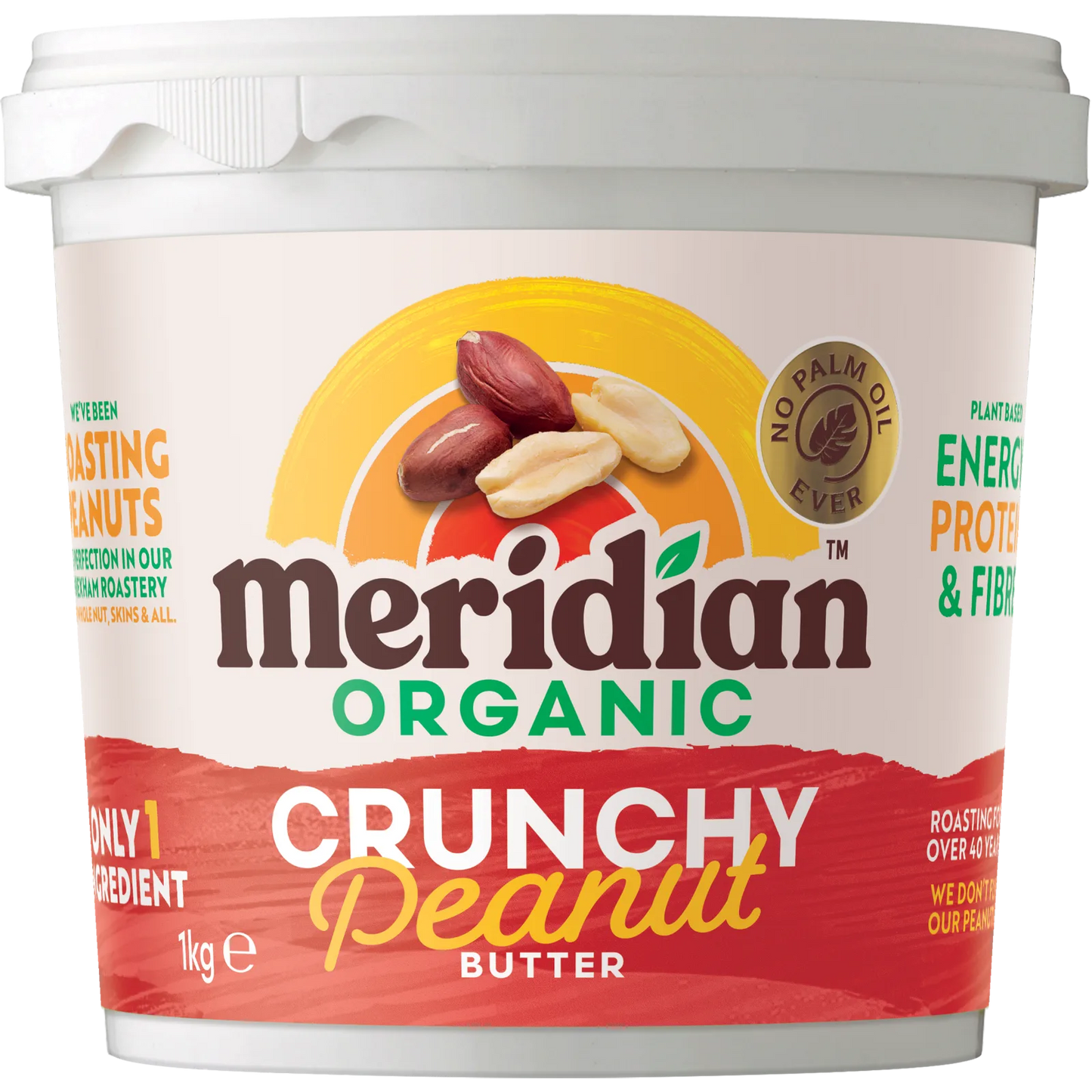Meridian Organic Crunchy No Salt Peanut Butter 1kg front of jar