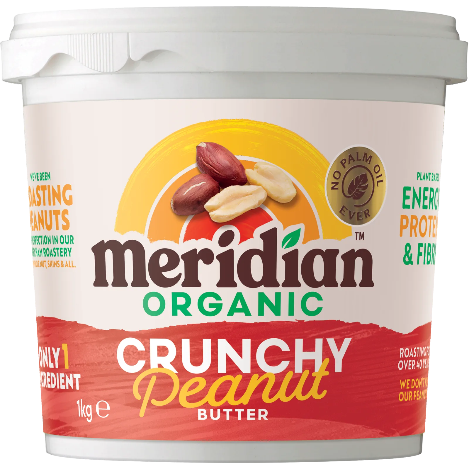 Meridian Organic Crunchy No Salt Peanut Butter 1kg front of jar
