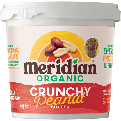 Meridian Organic Crunchy No Salt Peanut Butter 1kg front of jar