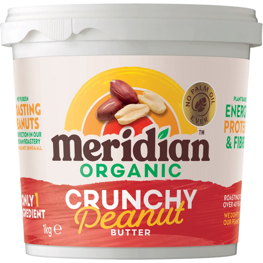 Meridian Organic Crunchy No Salt Peanut Butter 1kg front of jar