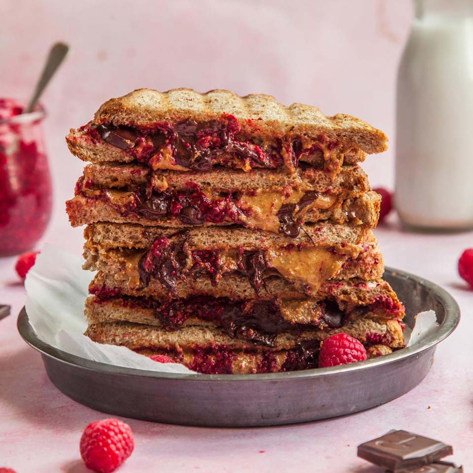 Chocolate raspberry grilled sandwich made with Meridian organic crunchy peanut butter 1kg