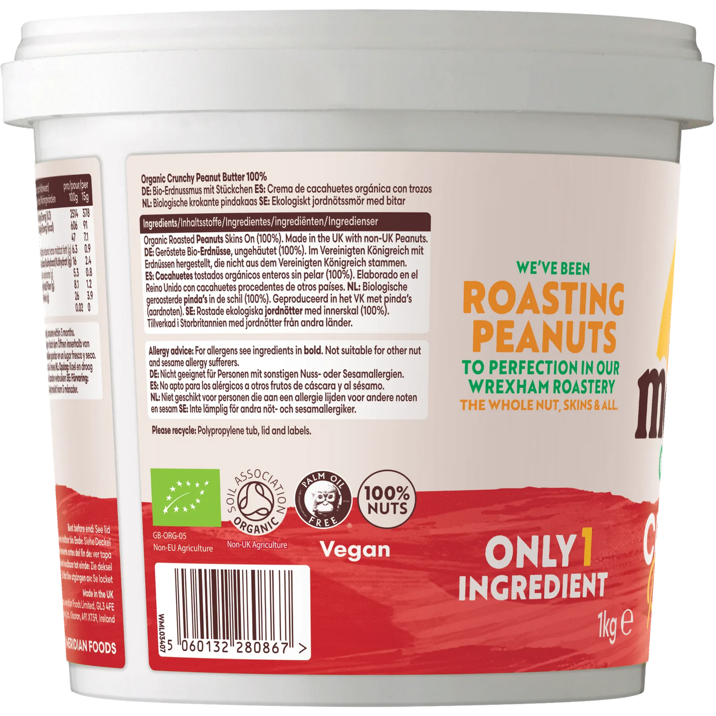 Meridian Organic Crunchy No Salt Peanut Butter 1kg ingredients label