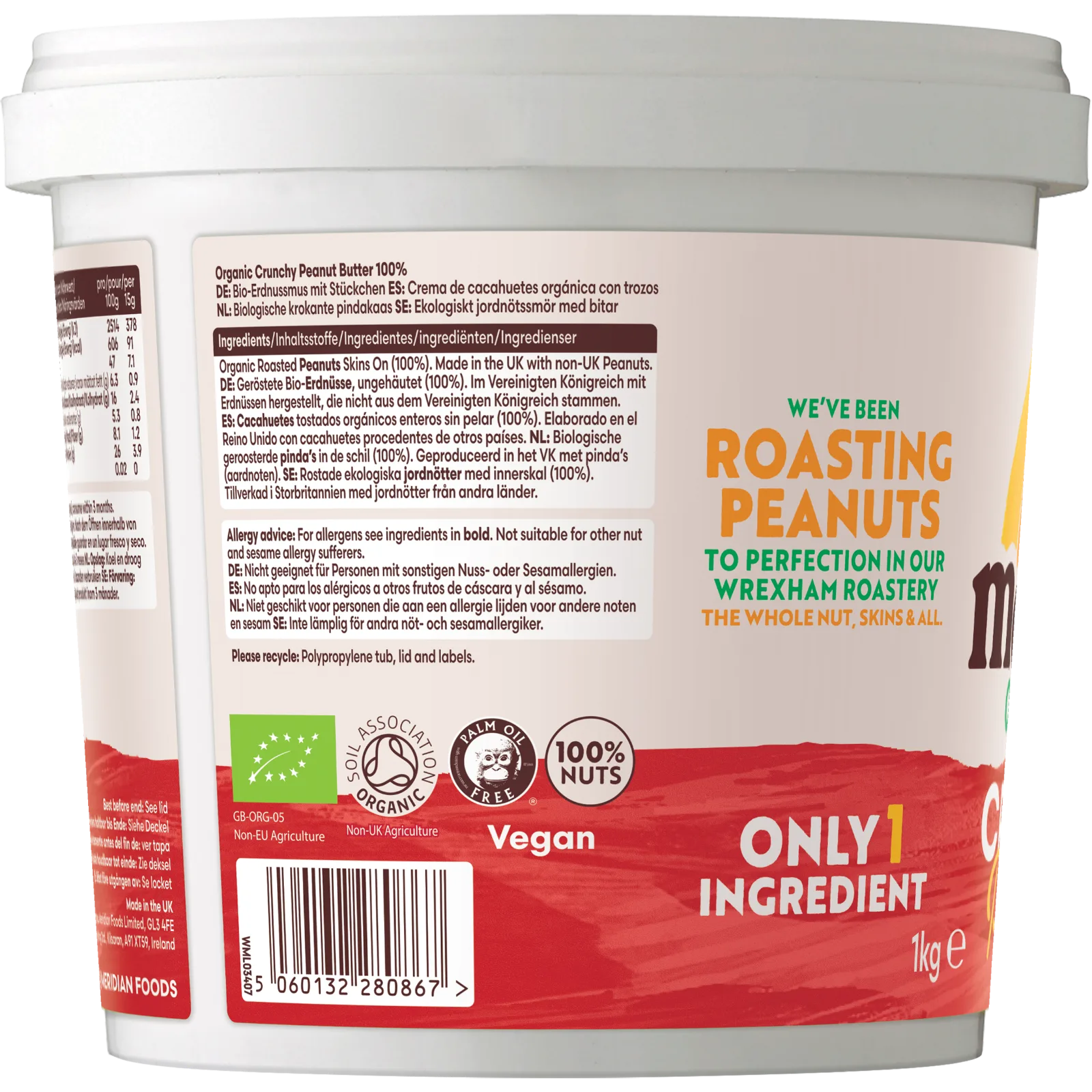Meridian Organic Crunchy No Salt Peanut Butter 1kg ingredients label