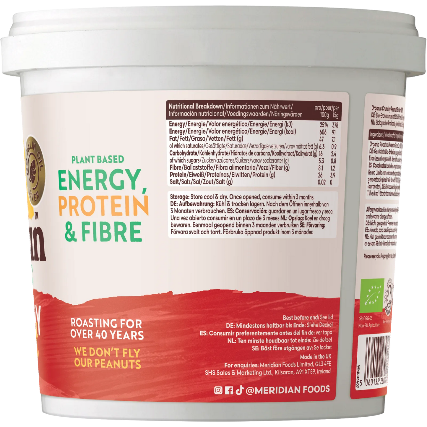Meridian Organic Crunchy No Salt Peanut Butter 1kg nutrition label