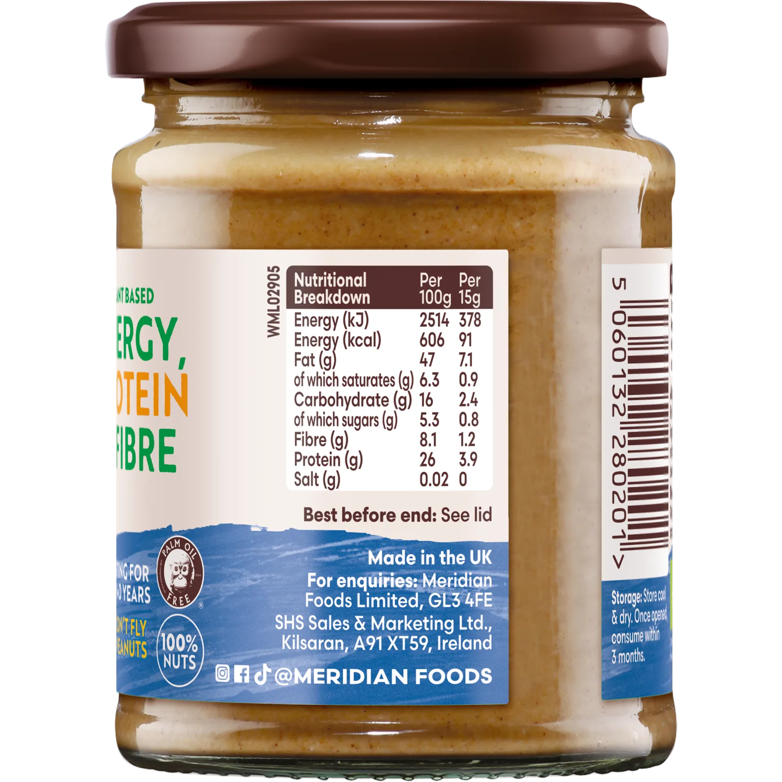 Meridian Organic Smooth Peanut Butter 280g nutrition label