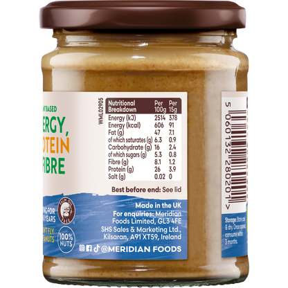 Meridian Organic Smooth Peanut Butter 280g nutrition label