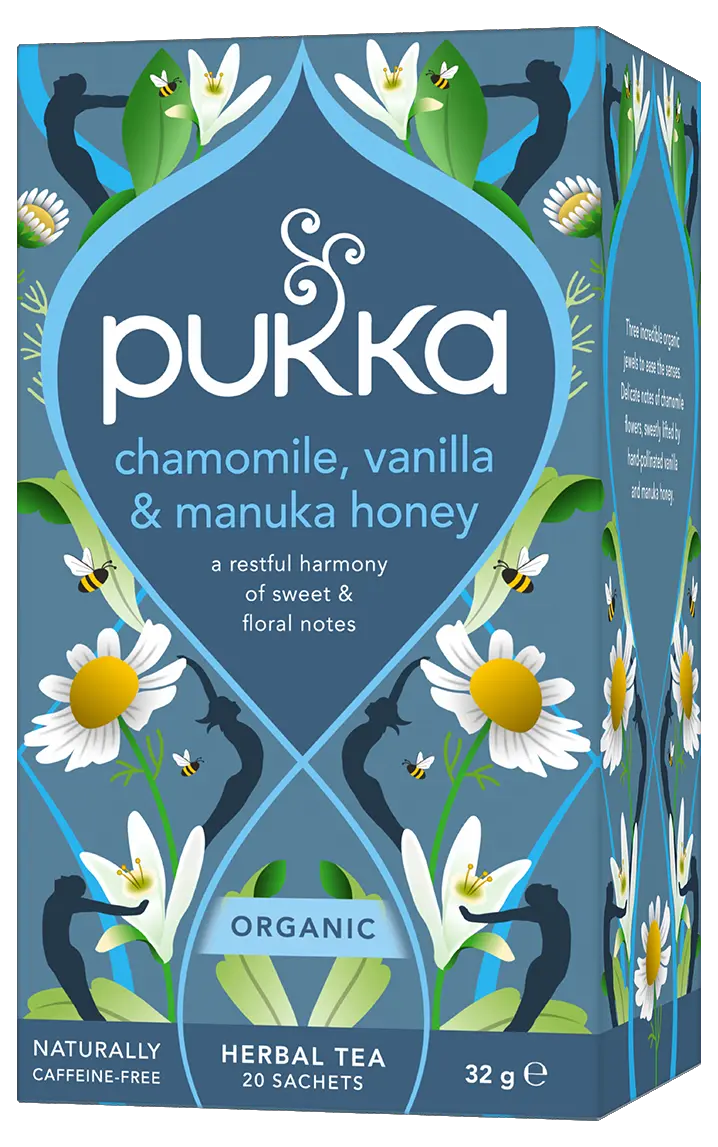 Pukka Chamomile, Vanilla & Manuka Honey tea box front