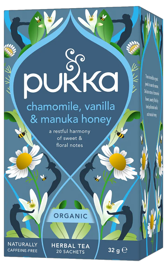 Pukka Chamomile, Vanilla & Manuka Honey tea box front