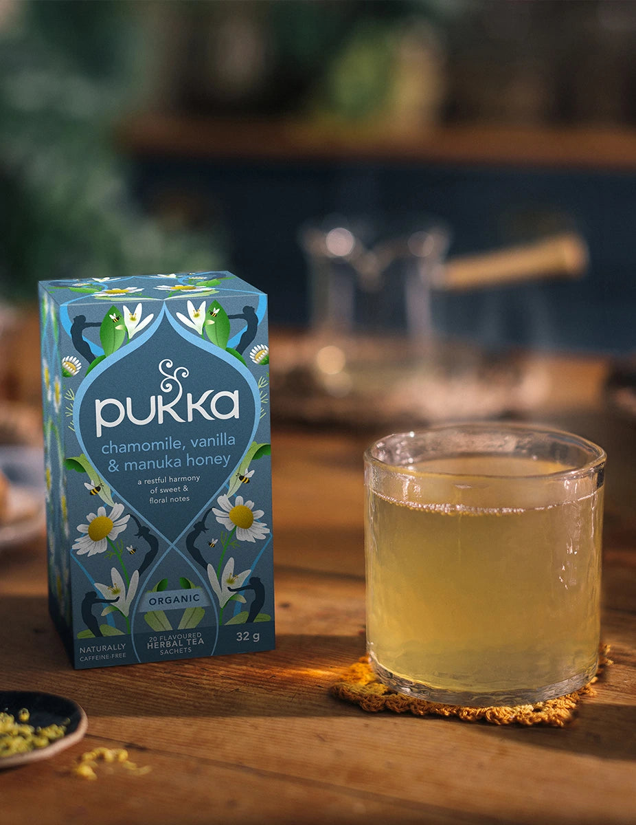 Pukka Chamomile, Vanilla & Manuka Honey tea lifestyle serving suggestion
