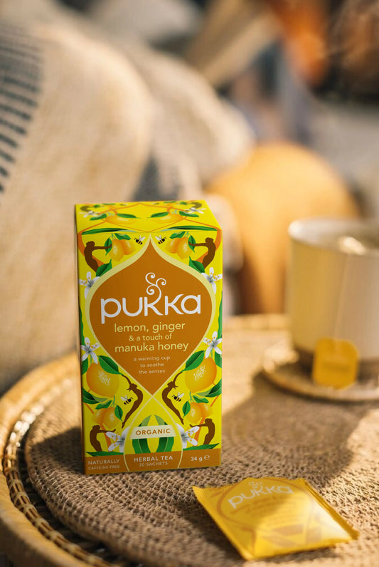 Pukka Tea Lemon Ginger & Manuka Honey lifestyle serving suggestion