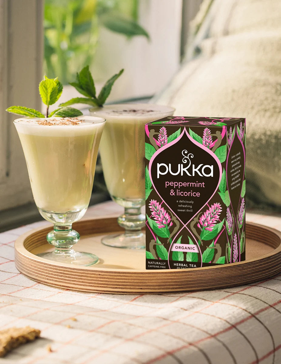 Pukka Tea Peppermint & Licorice lifestyle serving suggestion