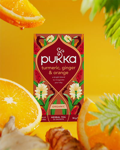 Pukka Tea Turmeric Ginger & Orange lifestyle serving suggestion