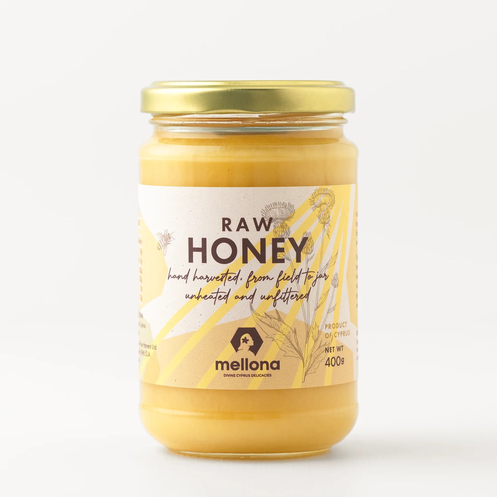 Mellona Raw Honey 400g jar featuring pure, unfiltered honey with a vibrant label.