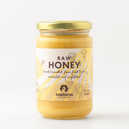 Mellona Raw Honey 400g jar featuring pure, unfiltered honey with a vibrant label.
